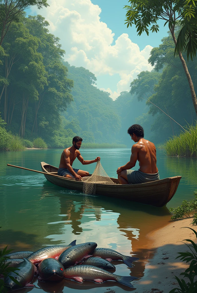 A man fishing with a net in a canoe in the Amazon and a woman extracting fish on the shore