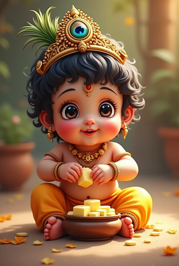 Very cute baby kanha ji , with round face, beautiful eyes, wearing mukut with morpankh on that, stealing makhan