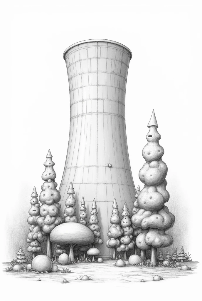 Generates a colorless pencil-like drawing of a cooling tower that looks nice and is easy to draw with not-so-natural looking trees.