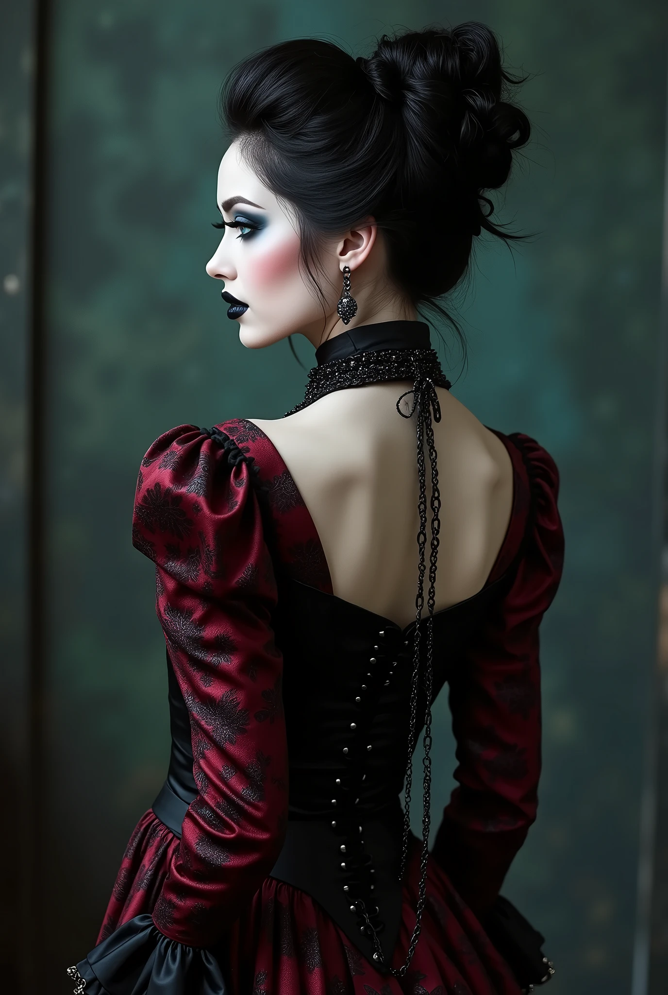 ((photograph)), black hair updo goth girl, blackout eyeshadow, 30 year elegant woman, pale skin, high collar renaissance maroon black chinoiserie dress, black lips, chains, bright blue eyes, normal buxom lass, from behind, rear view
