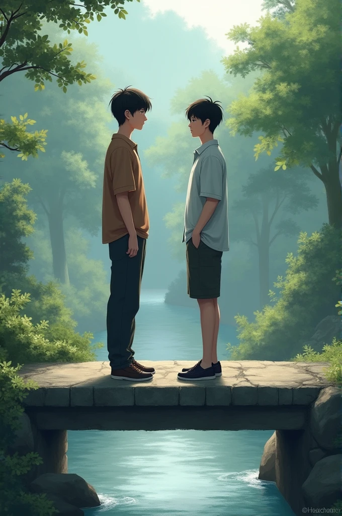 A 2 man average looking short hair, short hight skin white, standing on the bridge that made over the river