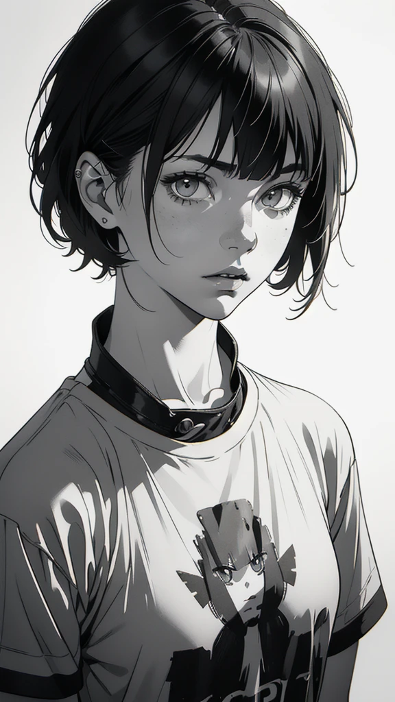 1 boyish girl, solo, sharp eyes, monochrome, greyscale, short black hair, portrait, white T-shirt, thin eyebrows, closed mouth, looking at viewer, graphite \(medium\), detailed lips, hatching \(texture\), without makeup, bangs, upper body, (best illustration), (best quality), (very detailed), (masterpiece), expressionless,