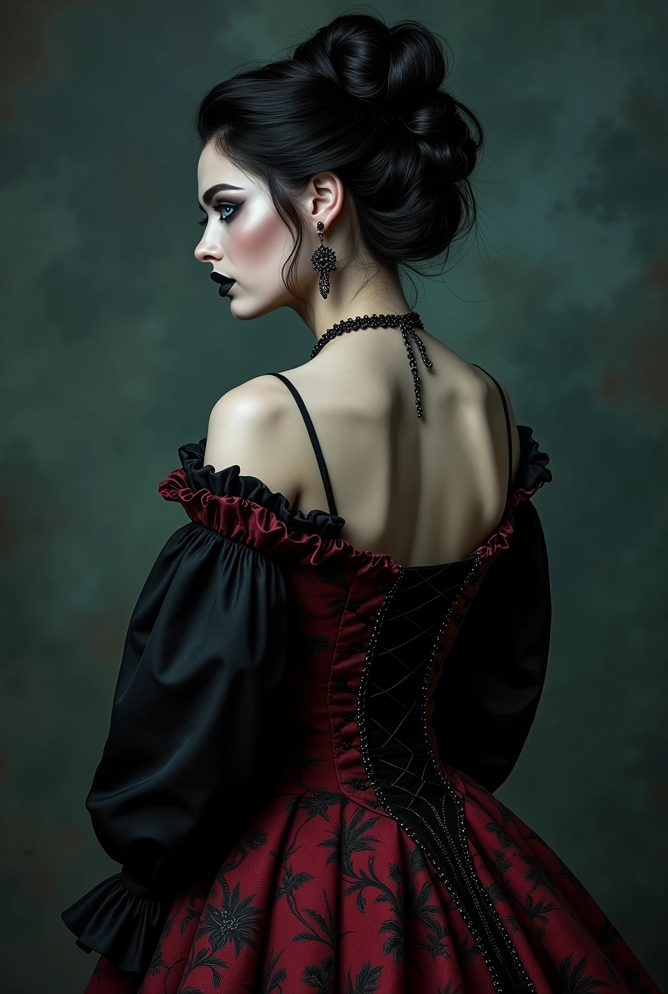 ((photograph)), black hair updo goth girl, blackout eyeshadow, 30 year elegant woman, pale skin, high collar renaissance maroon black chinoiserie dress, black lips, chains, bright blue eyes, normal buxom lass, from behind, rear view
