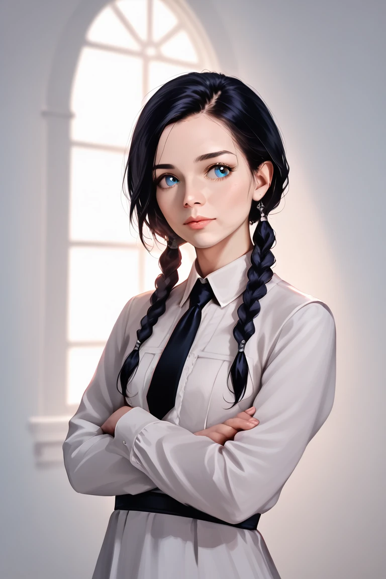 a detailed portrait of a young girl with innocent expression, dark green twin tails hairstyle, arms crossed behind her back, wearing a white dress with a black waist tie, beautiful detailed blue eyes, (best quality,4k,8k,highres,masterpiece:1.2),ultra-detailed,(realistic,photorealistic,photo-realistic:1.37),intricate details,delicate facial features,soft lighting,warm color palette,serene and calming atmosphere
