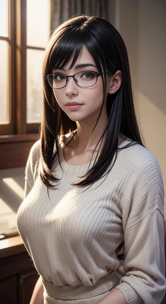 Ultra-detailed and intricate 3D rendering of a beautiful anime character, Beautiful soft studio light, Rim Light, Vivid details,Gorgeous, race, Ultra-realistic, Black Hair, Ultra-realisticな中世の世界で親密な部分を表現, from front, looking at viewer, blush, grin, A adult female, long straight hair, side wept bangs, rimless glasses, Pale, slant green eyes, uhd, masterpiece, accurate, anatomically correct, beautiful face, perfect face, highly detailed beautiful face and eyes, attractive face, textured skin, super detail, high details, high quality, highres, best quality, 16K