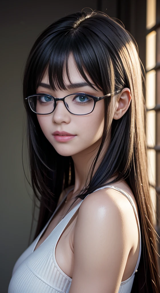Ultra-detailed and intricate 3D rendering of a beautiful anime character, Beautiful soft studio light, Rim Light, Vivid details,Gorgeous, race, Ultra-realistic, Black Hair, Ultra-realisticな中世の世界で親密な部分を表現, from front, looking at viewer, blush, grin, A adult female, long straight hair, side wept bangs, rimless glasses, Pale, slant green eyes, uhd, masterpiece, accurate, anatomically correct, beautiful face, perfect face, highly detailed beautiful face and eyes, attractive face, textured skin, super detail, high details, high quality, highres, best quality, 16K