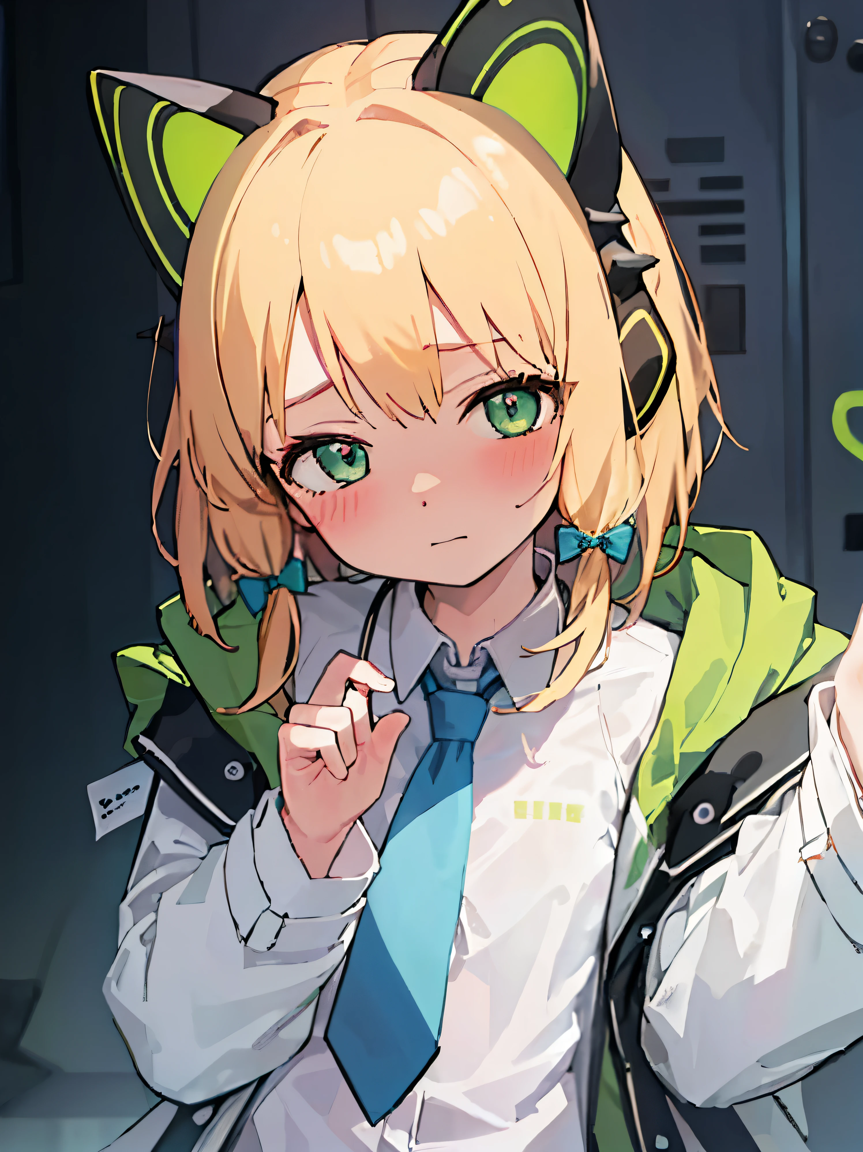 Highest quality, masterpiece, High resolution, alone, Headphones, animal_ears, blonde_hair, forge_animal_ears, animal_ear_Headphones, green_eye, In C_ear_Headphones, bow, Hello, 前hair, blush, hair_bow, short_hair, 1 girl,tie, School_uniform,