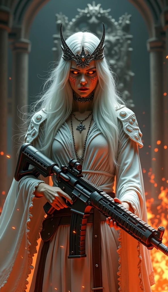 Create a hyper-realistic, dark fantasy scene featuring a fierce warrior queen with long, flowing white hair and glowing red eyes. Her skin is marked by molten-like scars that pulse with fiery energy, matching her intense gaze. Dressed in a tattered white garment and wearing a battered silver crown, she exudes a ghostly yet regal presence. In her hands, she wields a large, battle-worn rifle infused with molten lava, glowing ominously as if it’s an extension of her being. The background is dark and foreboding, with hints of an ancient, crumbling throne behind her, enhancing the atmosphere of a fallen monarch. The lighting is dramatic, with shadows and the glow from her eyes and scars casting an apocalyptic mood, portraying her as a powerful and resilient figure, scarred by battle and driven by infernal forces.