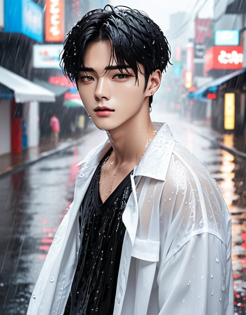 handsome korean man. fashion model, black hair. He look like kpop singers. Such as Cha Eun Woo, donghae. Detail face. He is now on the street. Wearing white colour shirt. Heavy rain by now. He got wet.