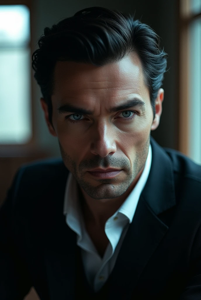 anime 40 years, handsome old man, pretty face, dark blue eyes, black hair,
on the house,
looking at the camera, high resolution, a window in the background,
mysterious character.