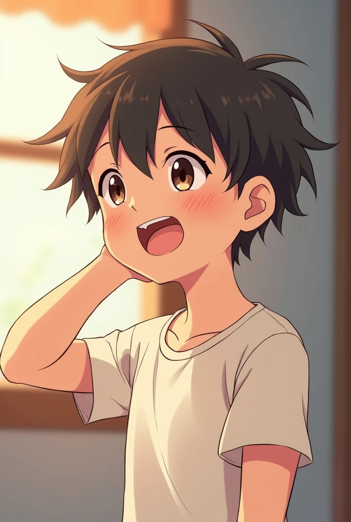 Shy anime guy laughing one hand at the back of head