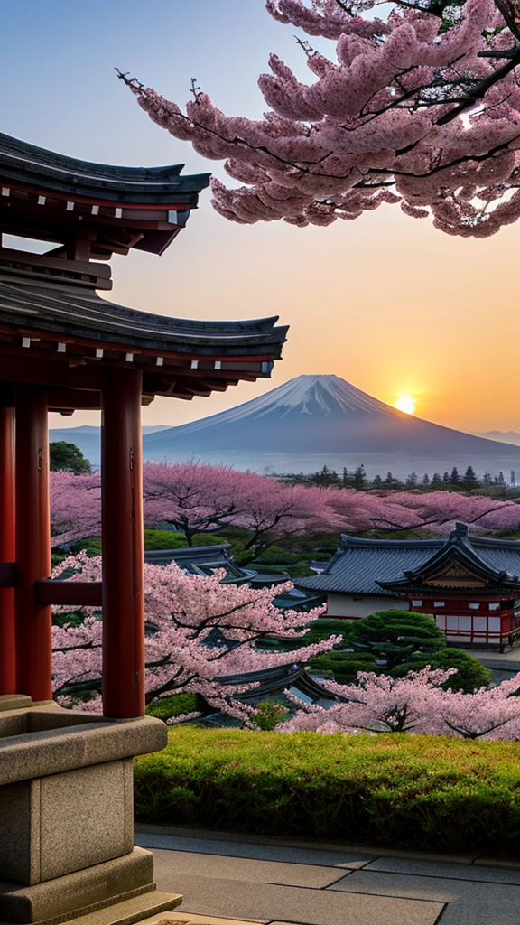 A stunningly inspiring image featuring Mt. Fuji in the background, with cherry blossoms in full bloom in the foreground. The setting features the historic Arakura Sengen Shrine and its iconic pagoda, set against a backdrop of a brilliant sunset, seamlessly blending nature and culture.