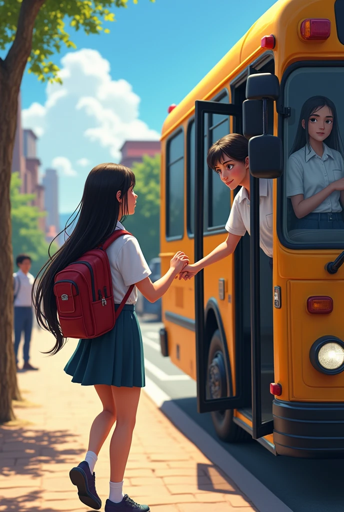 Young Peruvian female student getting off the bus and saying goodbye to the Peruvian male student who is still sitting on the bus 

