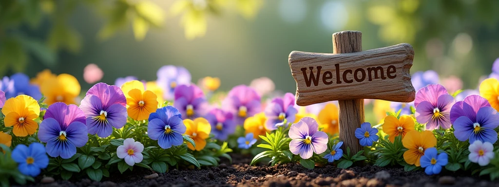 nemophila, rainbow colored pansies, flower bed, It says "welcome"