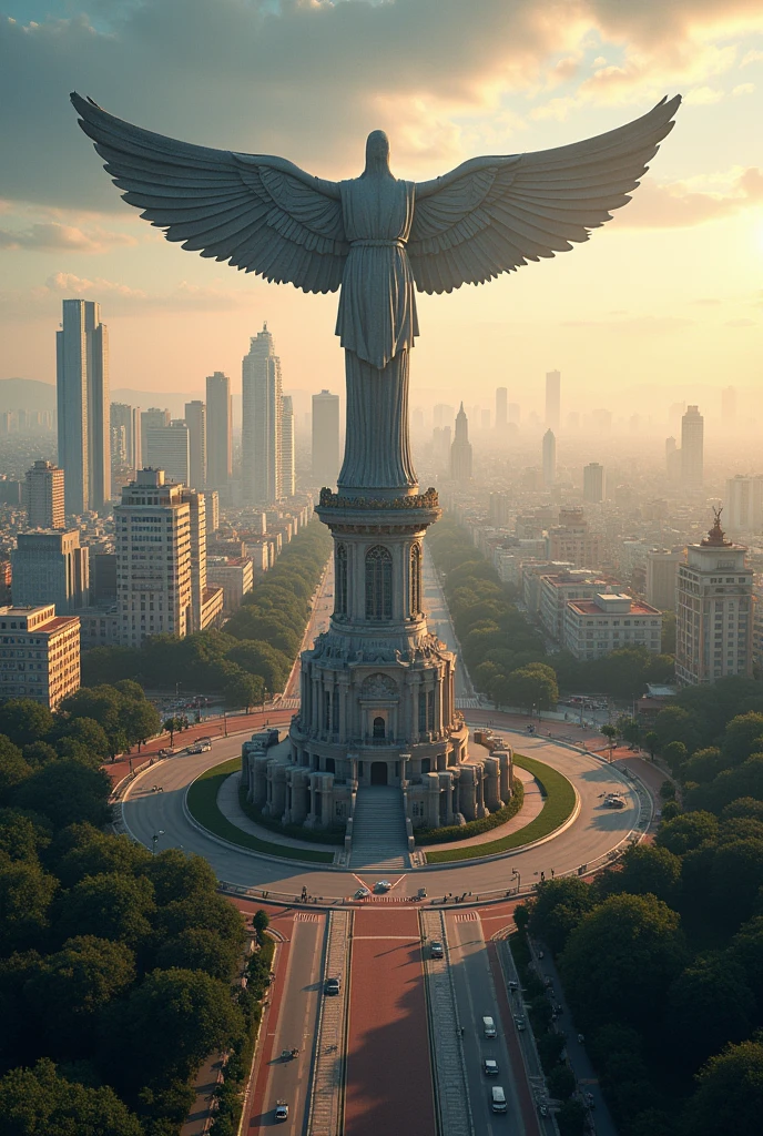 Create a landscape of a city with the angel of independence with a letter that says reytricia and another letter that says Mexico