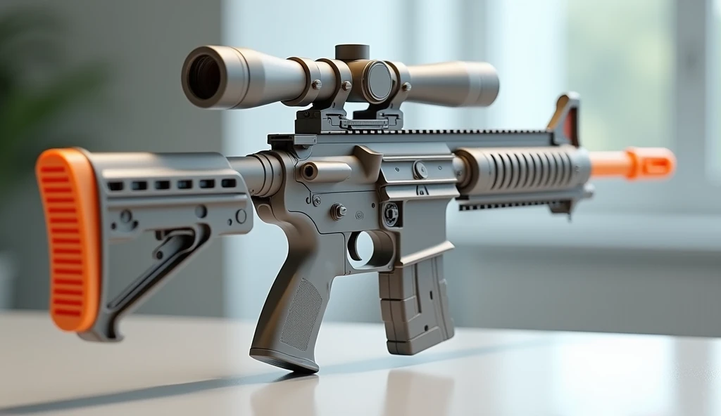 Mini double water gun toy,Integrated rifle mount,Simple surface pattern,Transparent magazine and scope recessed,(Similar structure to M416),(Double muzzle:1.3),Smooth lines,Plastic material,Three-color Morandi color matching,high quality,Professional Product Photography,Table background,3d, OC Rendering,8K,