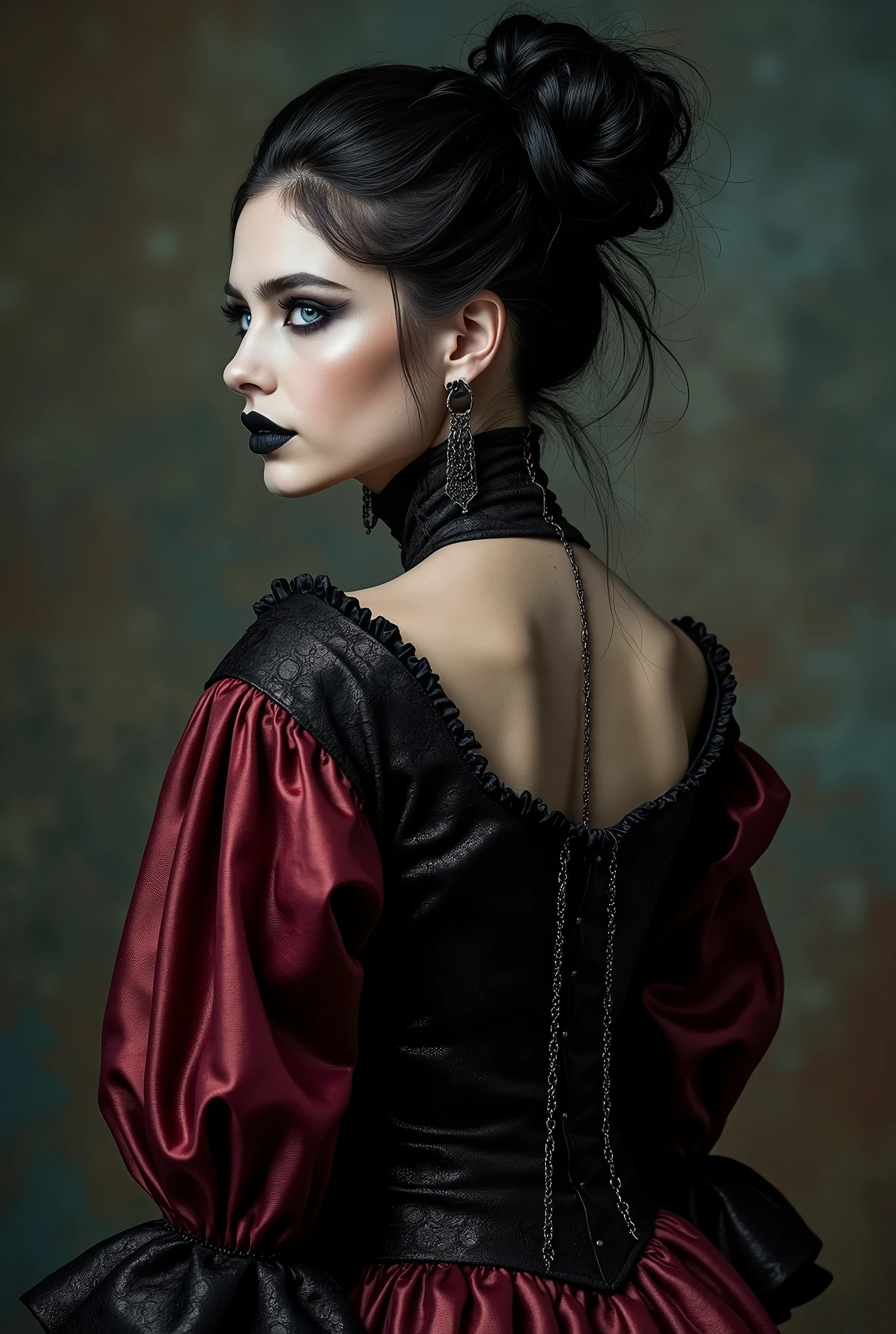 ((photograph)), black hair updo goth girl, blackout eyeshadow, 30 year elegant woman, pale skin, high collar renaissance maroon black chinoiserie dress, black lips, chains, bright blue eyes, normal buxom lass, from behind, rear view
