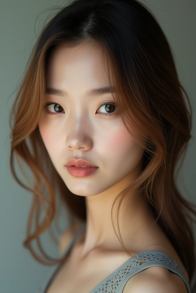 Highest quality、One Japanese woman、Beautiful big eyes、Natural Makeup、gloss々Hair、Straight Hair、Big eyes、Light tips、まとまりのあるStraight Hair、Inwardly curled semi-long hair、Light Brown Hair Color、Dark features、Blurred Background、Frame up to your belly、Collarbone-length hair、glossのある肌、Cool Beauty、model、smile、The body is oblique、looking at the camera、Down Hair、Less exposed skin、Mesh-in hair