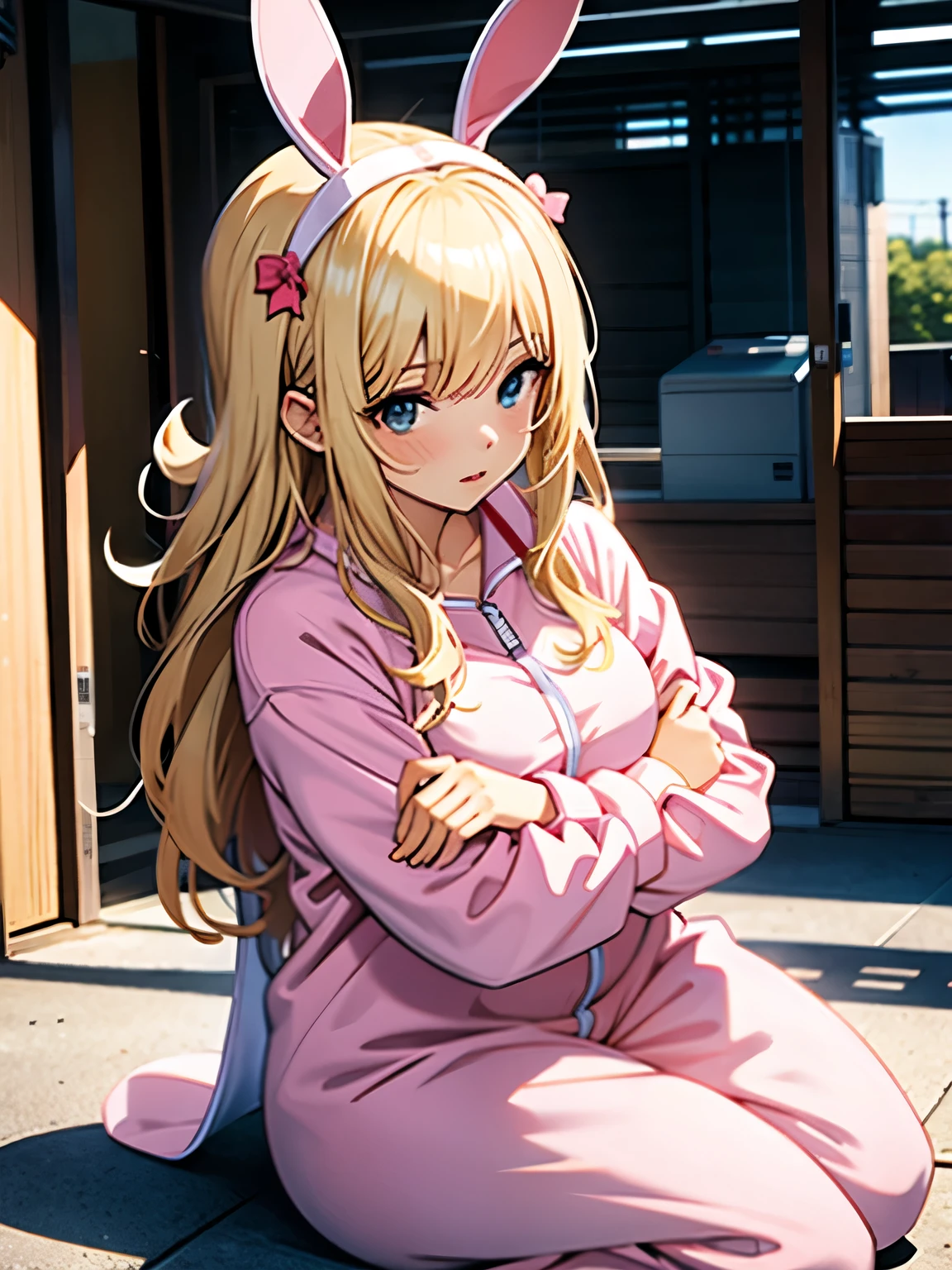 woman, adult,,pink bunny onsie, blonde, sitting