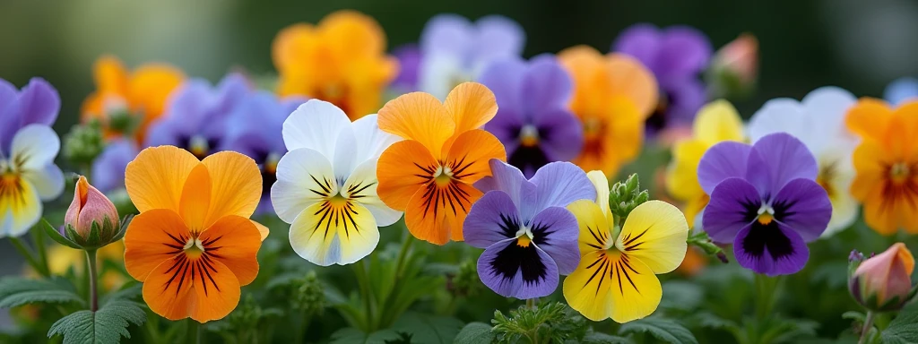 nemophila, rainbow colored pansies, flower bed, It says "welcome"