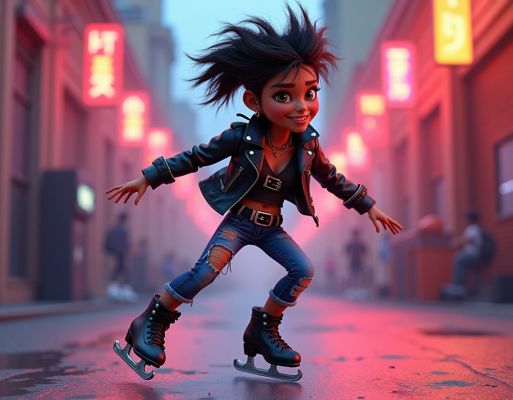 "Create a 3D image in a Pixar-like style featuring a Latino roller figure skater with medium to dark skin tone. The skater has wild, tousled hair that enhances the edgy, rebellious vibe. They are wearing a rocker-themed outfit, including a black leather jacket, distressed jeans, and studded accessories. The skates are sleek, with metal details that match the edgy look. The character is in a confident, dynamic pose, possibly mid-spin, with an urban, rock-concert-like atmosphere in the background. The lighting should be vibrant, emphasizing the character's energy and attitude."