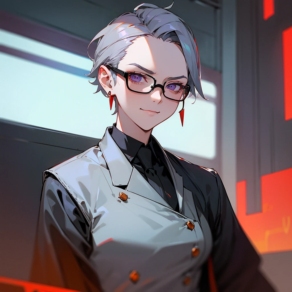 gray hair, short hair, forehead, tied at the nape of the neck, amethyst eyes, dark glasses, one man, cafe clerk, type, red earrings, intelligent, serious look, cyberpunk, inside, in the subway, determined, half body photo, upper body, face, write smile