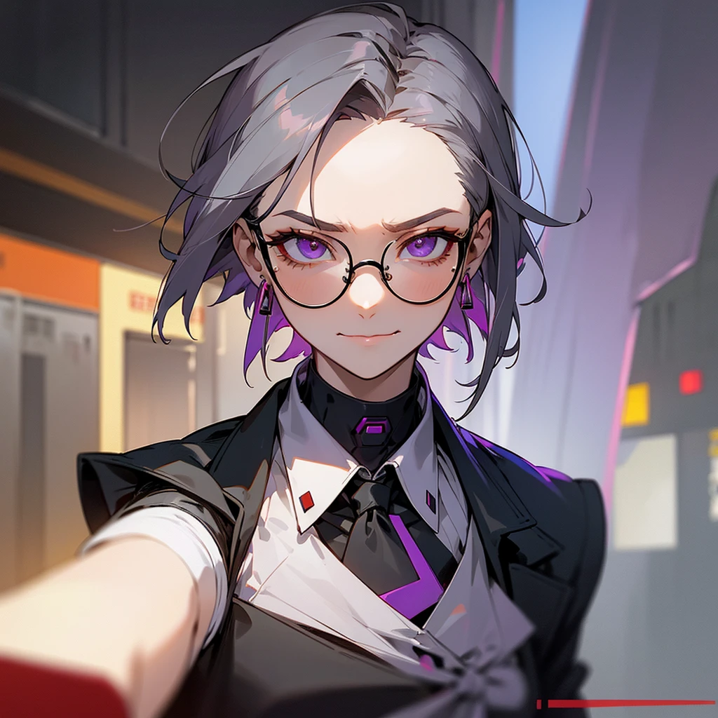 gray hair, short hair, forehead, tied at the nape of the neck, amethyst eyes, dark glasses, one man, cafe clerk, type, red earrings, intelligent, serious look, cyberpunk, inside, in the subway, determined, half body photo, upper body, face, write smile