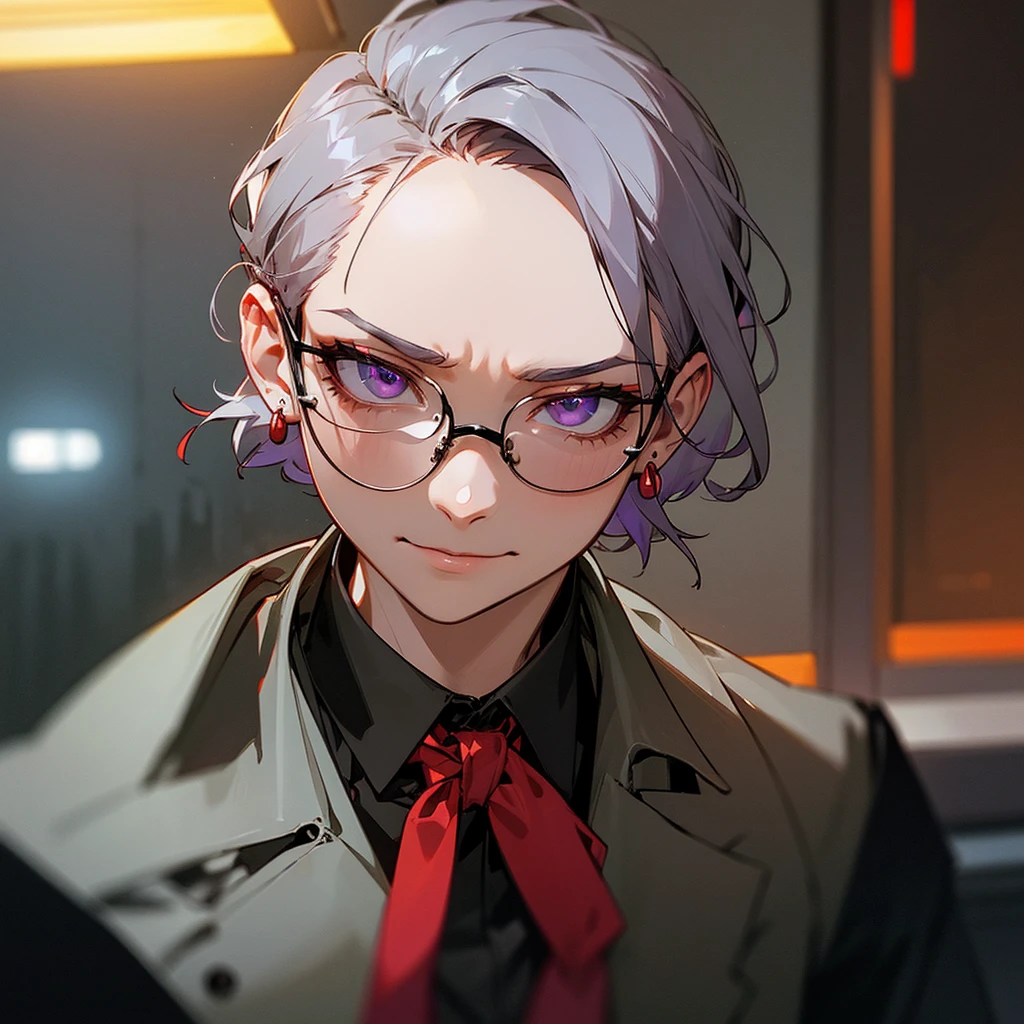 gray hair, short hair, forehead, tied at the nape of the neck, amethyst eyes, dark glasses, one man, cafe clerk, type, red earrings, intelligent, serious look, cyberpunk, inside, in the subway, determined, half body photo, upper body, face, write smile