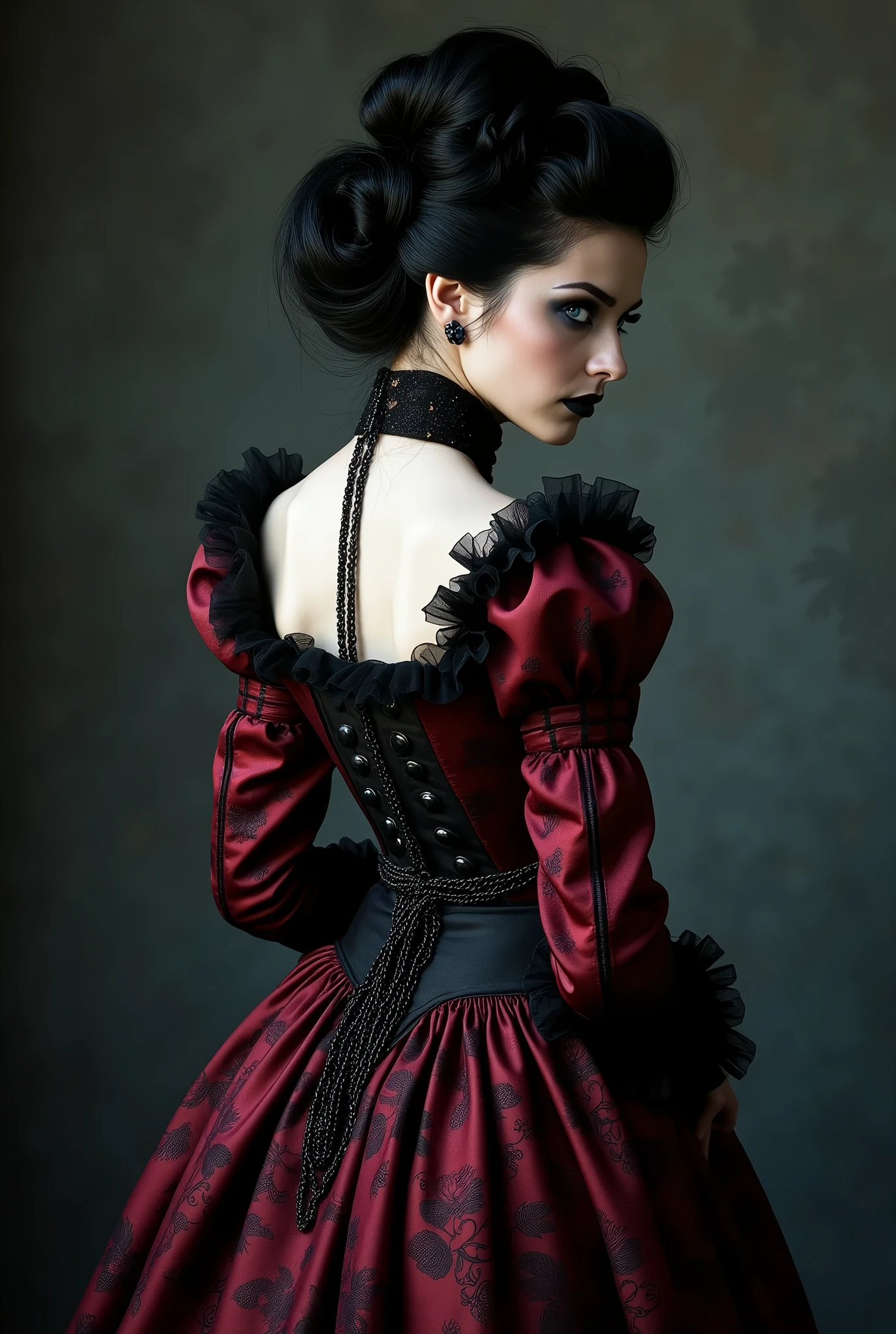 ((photograph)), black hair updo goth girl, blackout eyeshadow, 30 year elegant woman, pale skin, high collar renaissance maroon black chinoiserie dress, black lips, chains, bright blue eyes, normal buxom lass, from behind, rear view