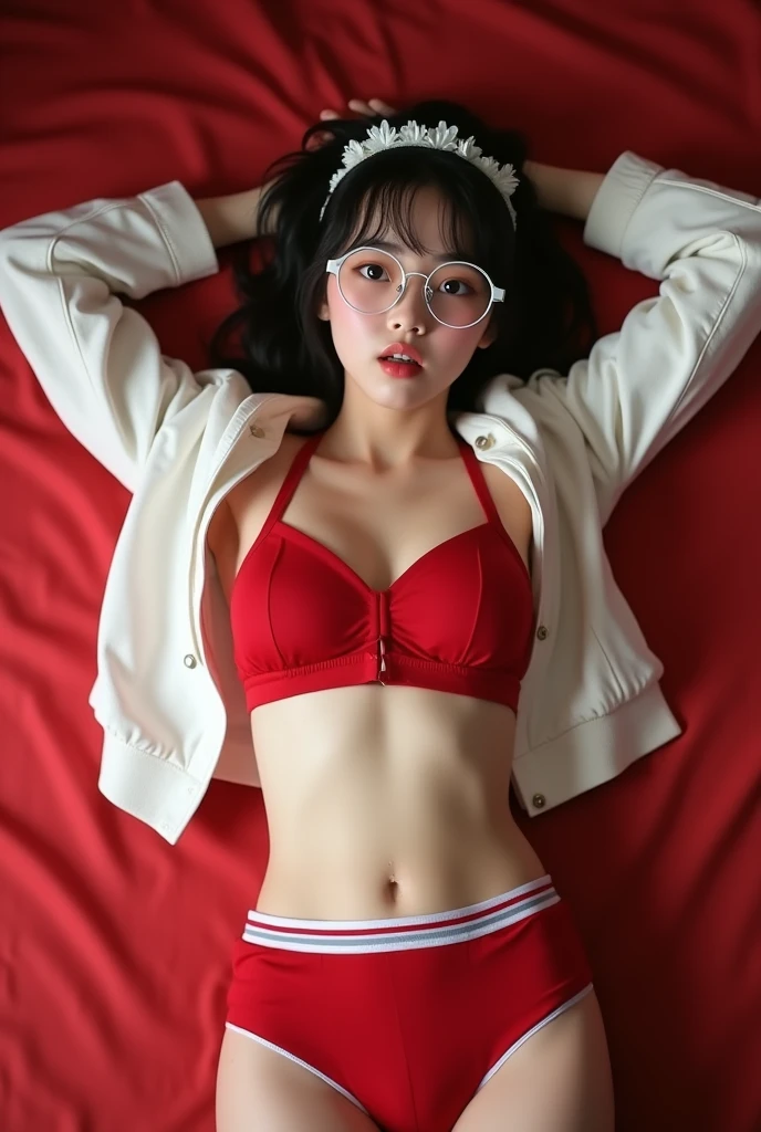 Foto nyata seorang gadis berusia 14 tAhun Jepang berkulit putih dan cantik terbaring telentang di atas ranjang merAh , Her entire body faces the camera, kedua lengannya lurus keatas dan kedua kakinya lurus ke bawAh,mengenakan bra olAhraga pendek Calm Kelvin berwarna merAh   dan celana dalam calm Kelvin  berwarna merAh, wearing a white jacket, small navel, wearing white glasses, wearing a white belt on his pants , wearing a white flower headband, his gaze looks into the camera, area sekitar bawAh pusar yang luas, ekspresi wajAh seksual, dengan mengangkat kedua alis dan pipi memerAh dan mulut mengatakan "Ah", furrowing her brow  



