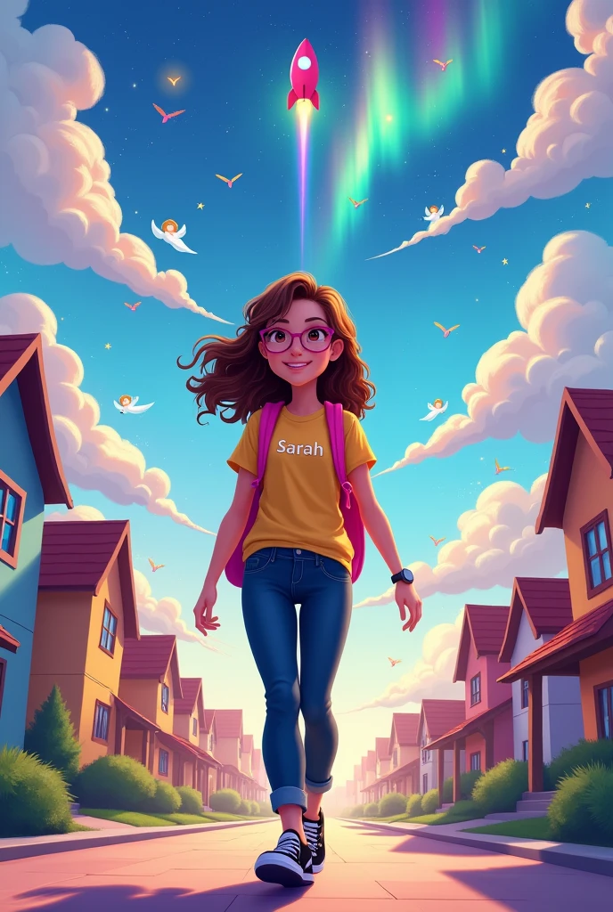  Disney style, very light brunette, with long curly hair, Wearing Pink Glasses, yellow shirt with the name Sarah, dark blue pants with 01 white line, black sneakers with pink line, puchando backpack pink color, backpack with wheels, watch on right arm, walking on a street with houses on the right and left, above the shining sun with the bright and beautiful moon beside it, many bright stars, shooting stars too, a beautiful rainbow from end to end, a very pretty pink rocket taking off to the moon, angels flying around, and the northern lights shining.