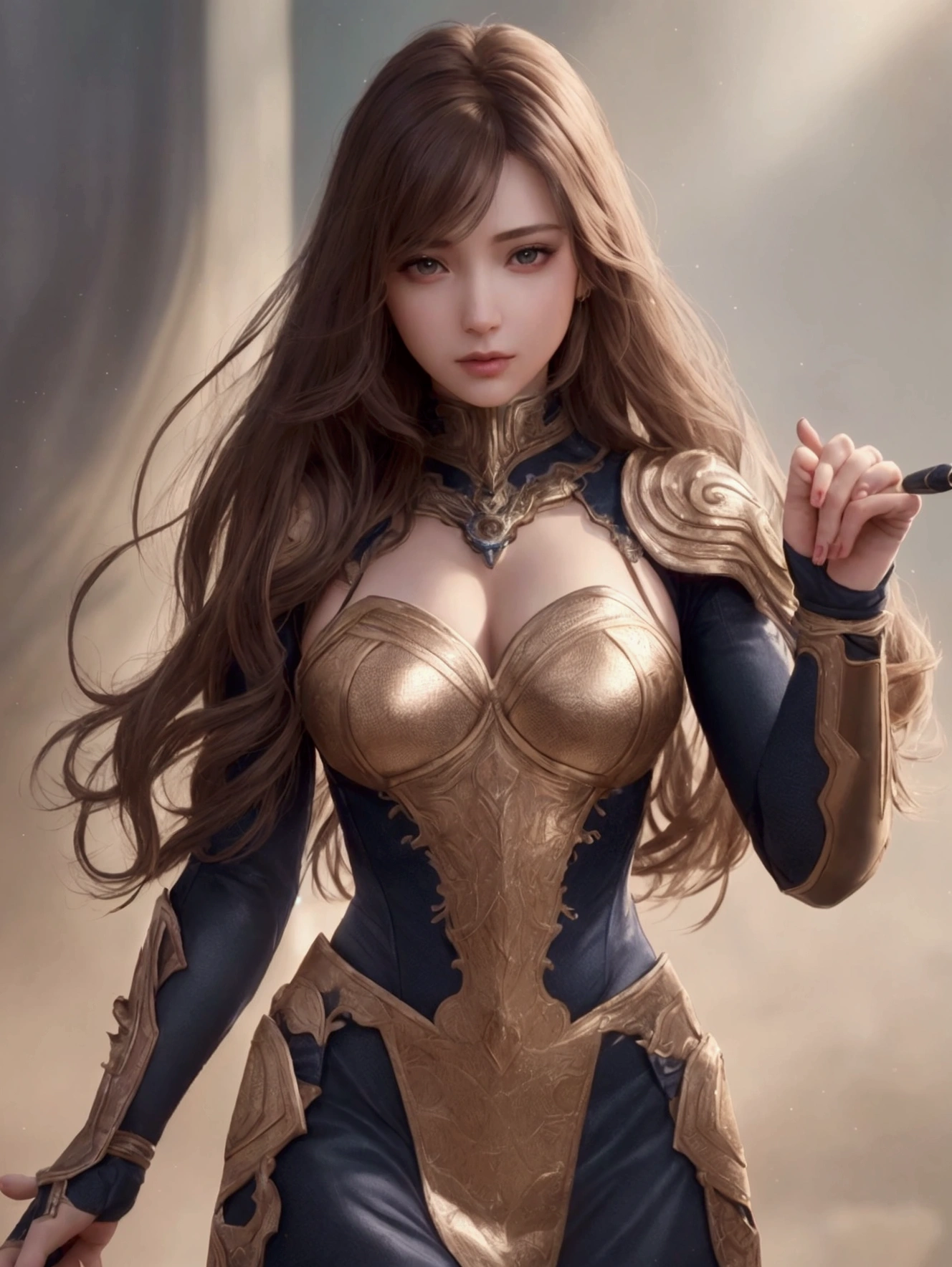 Best quality, 8K, HDR, soft lighting, picture perfect, realistic, vibrant, beautiful female, digital illustration, beautiful illustration, beautiful digital artwork, exquisite digital illustration, realistic digital art, realistic style digital art, ultra high quality fantasy art, final fantasy, masterpiece, ultra high quality female character design, wallpaper illustrations of the highest quality, complex ultra high quality accurate faces of female characters, high quality design and accurate physics, ultra high quality fantasy style, masterpieces, super high quality characters, resolution - 8K, realistic art, highest quality wallpaper illustration, ultra-high facial detail, quality design and physics accuracy, by color, depth of field, shadows, ray tracing, high quality and 8K resolution computer wallpaper production, accurate simulation of the interaction of light and materials, Highly detailed hair, More about beautiful and shiny brown hair, Beautifully detailed hands perfect fingers, Beautiful nails, perfect anatomy, perfect proportions, Full-length, Perfect color combination, Accurate imitation of the interaction of light and material, art that conveys the meaning of the story, full body picture.