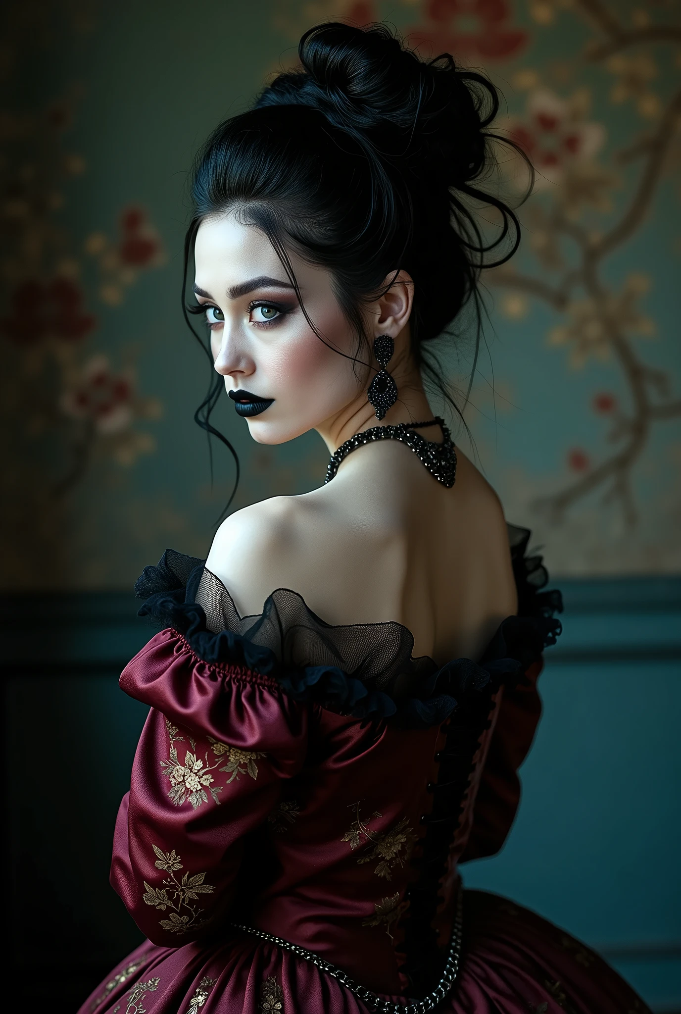 ((photograph)), black hair updo goth girl, blackout eyeshadow, 30 year elegant woman, pale skin, high collar renaissance maroon black chinoiserie dress, black lips, chains, bright blue eyes, normal buxom lass, from behind, rear view