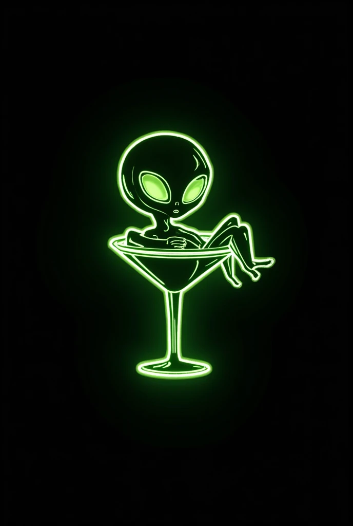 Logo for business  "Alien Cktl " Black background , neon green colors , alien chill inside spaceship shaped cocktail glass 