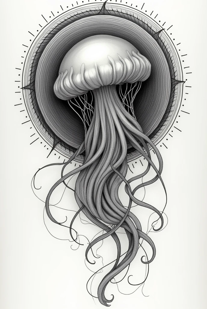 Sketch a tattoo with a Fibonacci in the background and a jellyfish on top