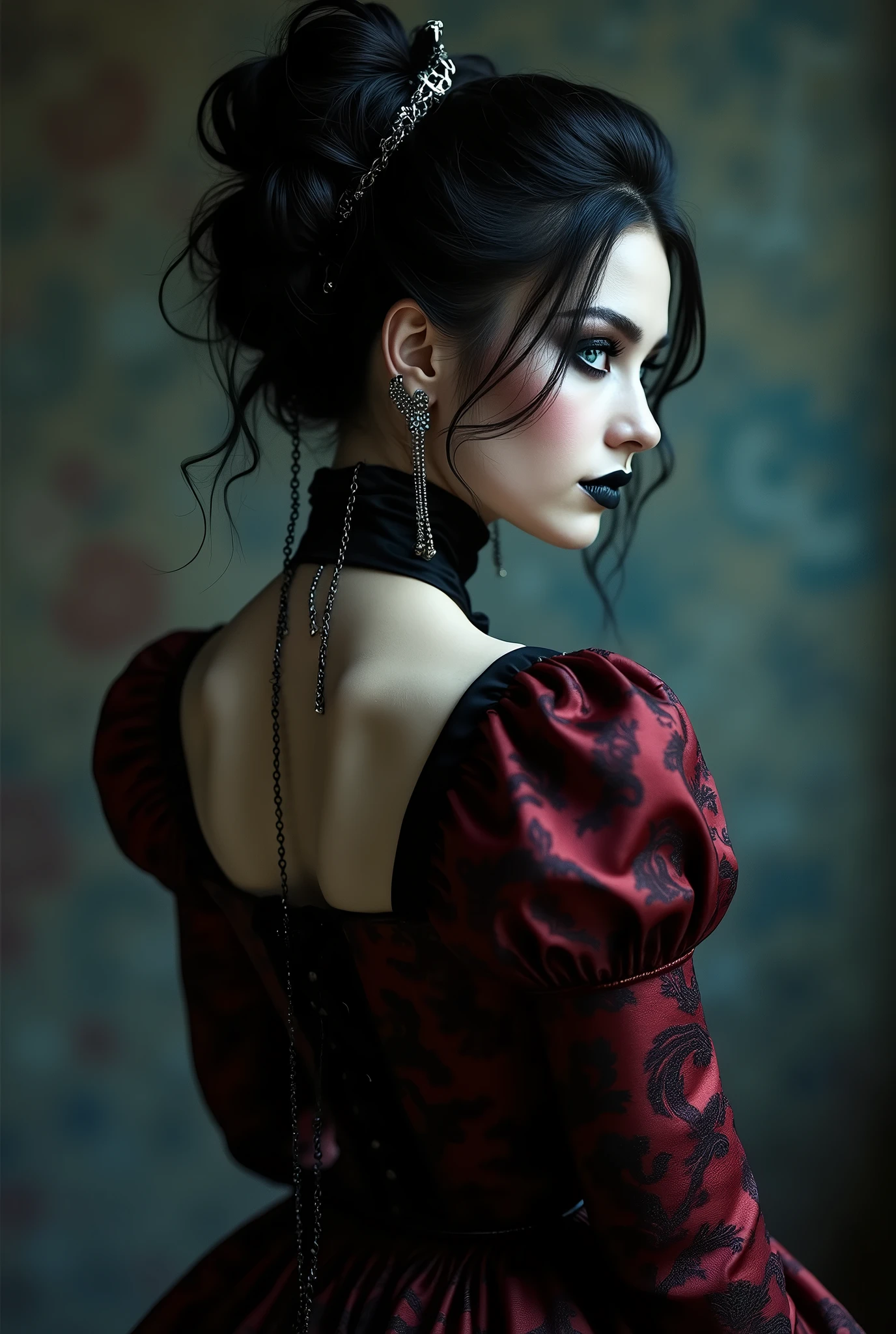 ((photograph)), black hair updo goth girl, blackout eyeshadow, 30 year elegant woman, pale skin, high collar renaissance maroon black chinoiserie dress, black lips, chains, bright blue eyes, normal buxom lass, from behind, rear view