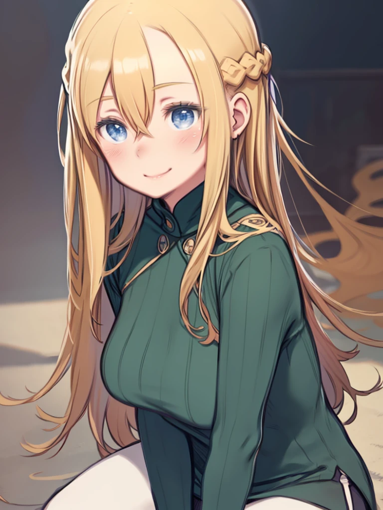One Woman、Upper Body、Angle from the front、Accurate hand drawing、Smiling、blush、Blonde Hair、long hair、Hair between the eyes、Braid、Blue Eyes、Big Breasts、squat、(Petting a cat)、Realistic Cat、Turtleneck sweater、Green clothes、