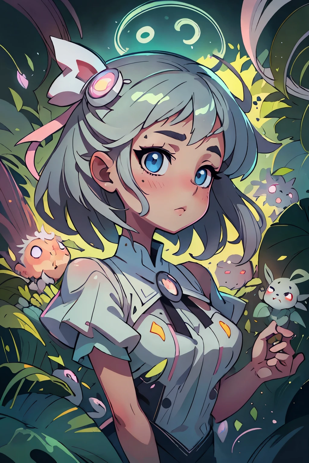 (best qualityer,4K,8k,high resolution,work of art:1.2),ultra detali,realisitic,portraite,ghost girl,Gray hair,long hair,beautiful detailed eyes,beautiful detailed lips,White top,Red bow on neck,Short pink skirt,bright blue eyes,Illustration style,swirly vibrant colors,warm hues,soft lighting,green garden background