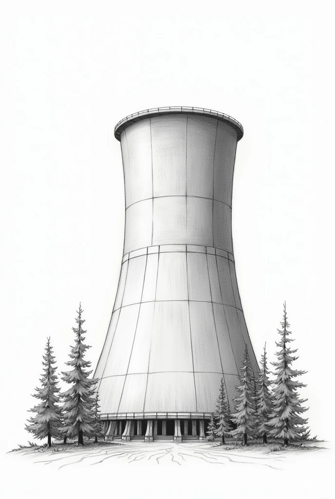 Generates a colorless pencil-like drawing of a cooling tower that looks nice and is easy to draw with not-so-well-done looking trees.