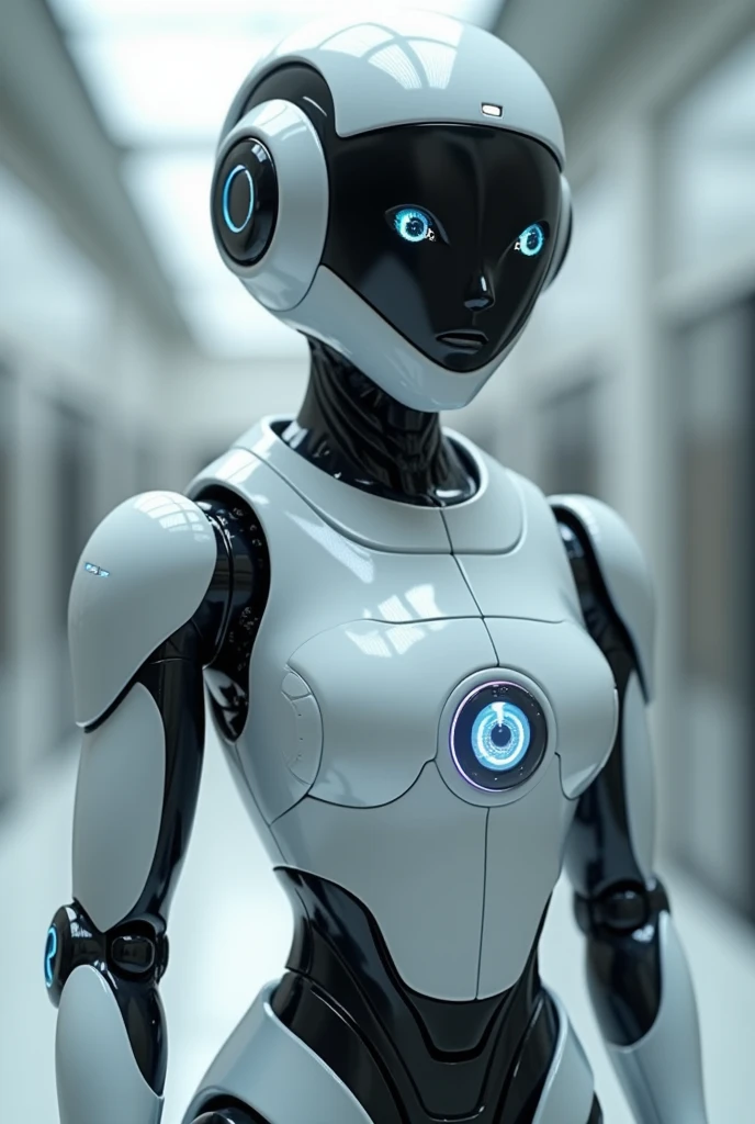 an ai robot with a button in the middle (heart part) and at the button is vacuum cleaner and in when you press the button a holographic will show in the eye