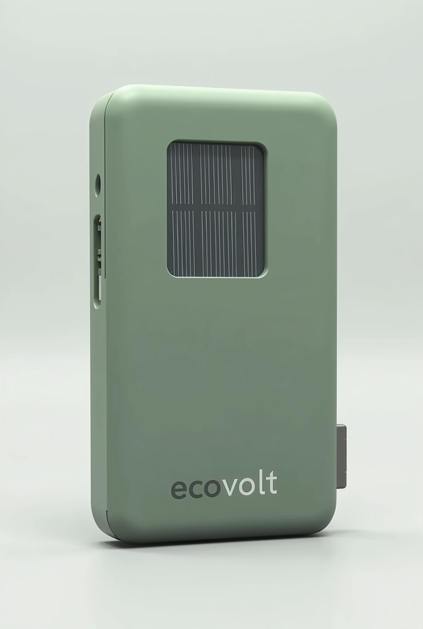 portable cell phone charger with the EcoVolt brand, green and gray, small size, a prototype with more gray and green colors, but with a solar energy receiver inside seen from outside, mark a little bigger 
