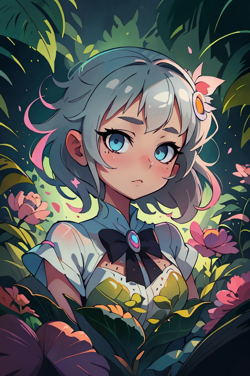 (best qualityer,4K,8k,high resolution,work of art:1.2),ultra detali,realisitic,portraite,ghost girl,Gray hair,long hair,beautiful detailed eyes,beautiful detailed lips,White top,Red bow on neck,Short pink skirt,bright blue eyes,Illustration style,swirly vibrant colors,warm hues,soft lighting,green garden background