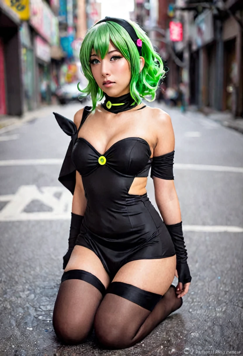 a cute yuna (cosplay of Tatsumaki, foam green hair, sexy slinky black iconic dress, high split up thighs (panties partly exposed)), she is looking annoyed while doing sexy poses, ruined city set
