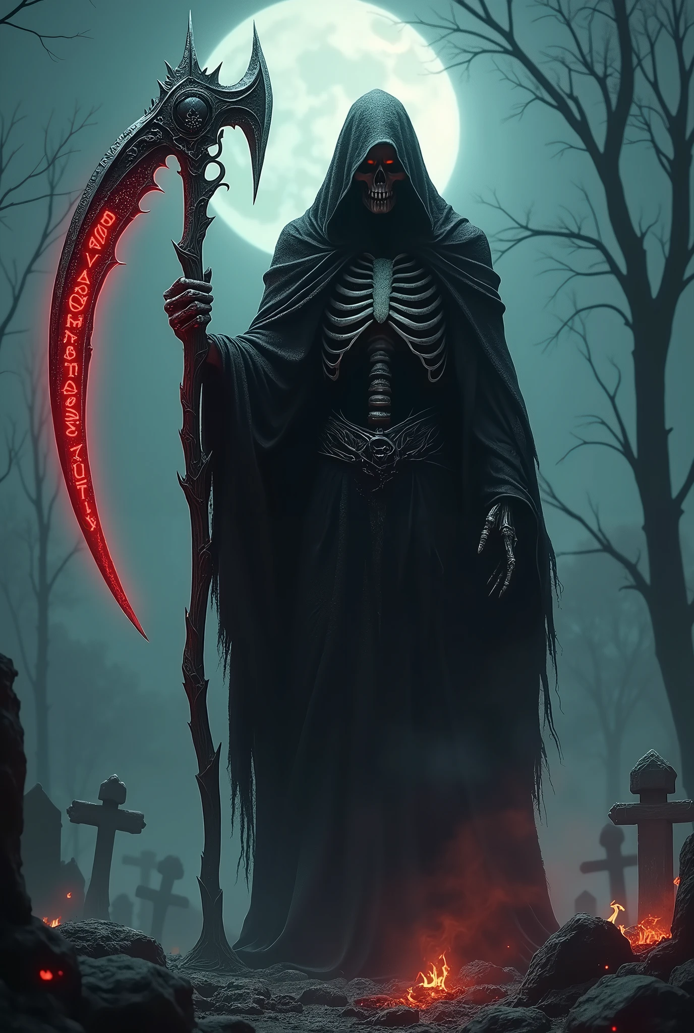 There's a grim reaper, tall and dark, with a gleaming skull deep within his tattered black cowl, his scythe has a wicked chrome blade with glowing red runes, the earth smokes at his feet as he stands in a darkened graveyard in the pale moonlight