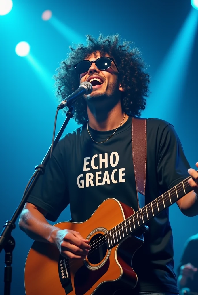 singer: 1, lights: 1.5, with cold cap, curly hair: 1.3, (holding microphone: 1.2), Shirt with Echo Grace written on it, wearing sunglasses, comely, cerulean, Face ultra detailed, band playing behind detailed, praising God, feeling the presence of God. Singer with guitar in hands shouting into microphone, excited, Eco grace written shirt