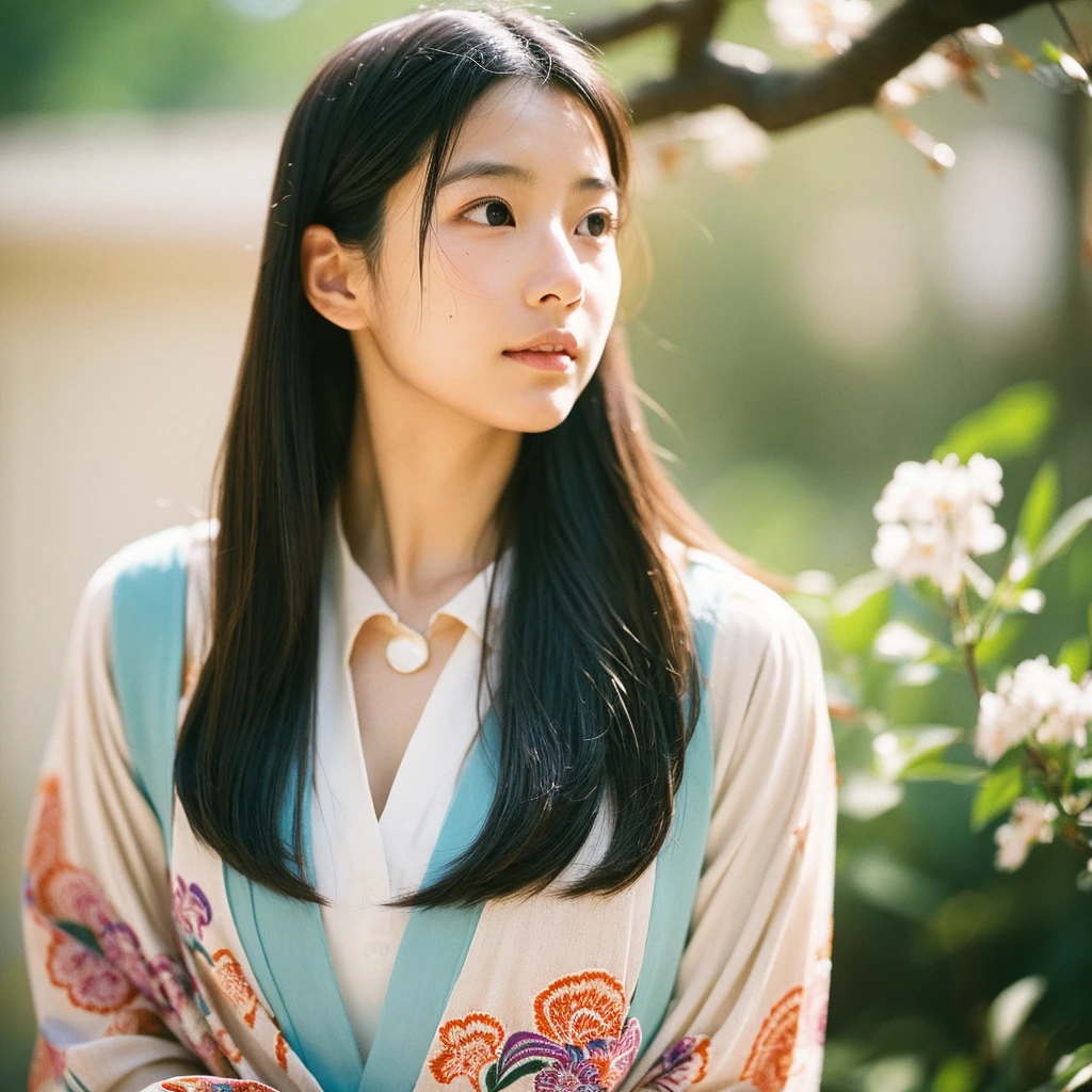 A hyper-realistic image of a single Japanese woman in her early 20s, captured from the shoulders up with the distinctive warmth and pronounced graininess of a vintage film camera. She is wearing a traditional Japanese yukata with an elegant, classic design, featuring delicate floral patterns such as cherry blossoms, peonies, or traditional motifs like wave and fan designs. The yukata is made from lightweight cotton fabric with a soft, slightly textured weave that drapes naturally over her shoulders. The color scheme is traditional, including shades like deep indigo, soft pastel pinks, or light blues, with accents of white. The yukata is wrapped correctly, with the left side over the right, and is visible only from the shoulders up, ensuring the neckline and part of the obi appear subtly in the frame. Her skin has a warm beige tone with a natural, slightly rough texture that includes visible pores, fine lines, and subtle imperfections such as small blemishes, slight uneven tones, and natural skin folds, enhancing the authenticity of her appearance. The soft, diffused natural light, reminiscent of a summer afternoon, casts gentle shadows across her face, creating a warm, organic feel with a muted contrast typical of film photography. Her straight, slightly tousled black hair frames her face naturally, moving gently in a light summer breeze. Her deep brown eyes reflect the ambient light, but with a softer focus, capturing the nostalgic and imperfect qualities of vintage film. The film camera effect is more pronounced, with noticeable grain, slight color shifts, and a soft vignette around the edges, further enhancing the vintage aesthetic. The overall composition emphasizes her serene, understated elegance, focusing on her upper body and the traditional elements of her attire, all through the distinctive lens of a classic film camera.