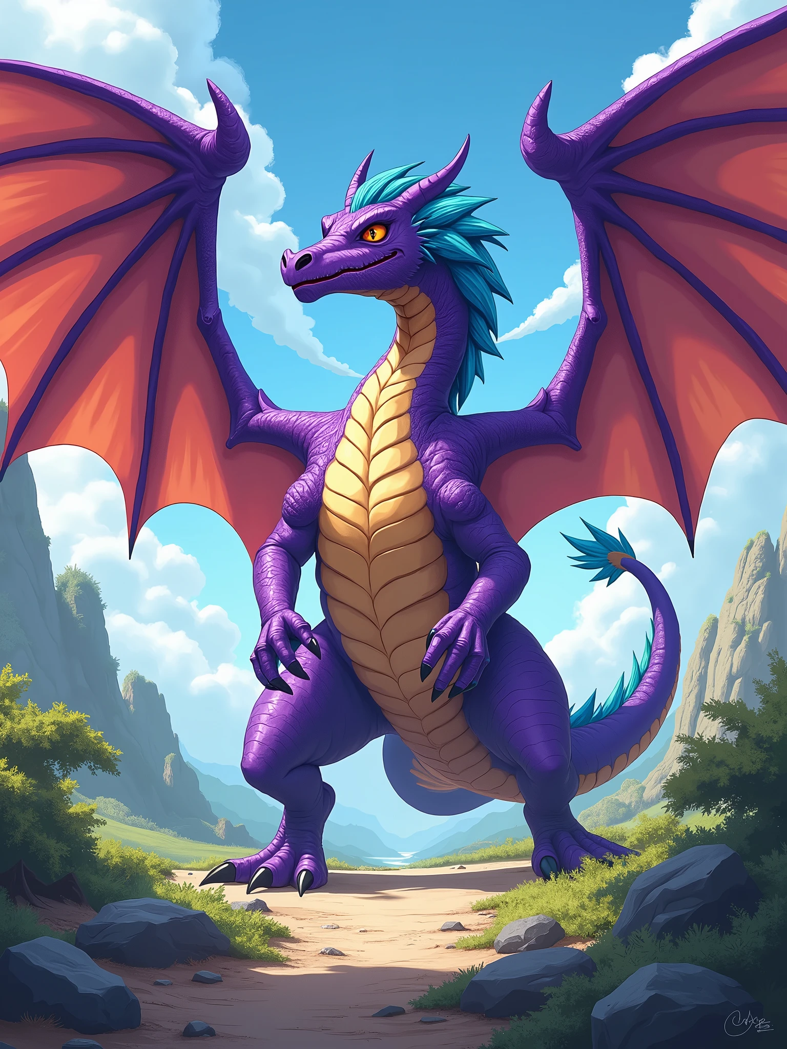 anthro rampage, huge , purple dragon with wings and a very tan chest and has light blue hair on his head, ANALOGOUS palette illustration, hand-drawn, bold linework, anthro illustration, cel shaded, 4k, fine details, masterpiece, natural beauty