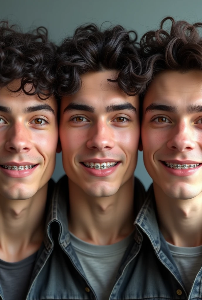 3 white male, high of 1,76 cm tall, eyes browns, black curly hair with some white, teeth with braces on the top of the teeth