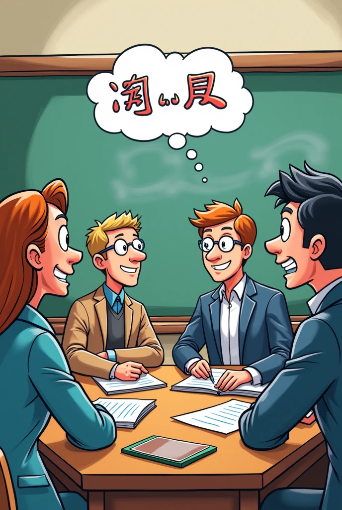 create a cartoon of a group of pedagogy academics called: Water and Oil Class