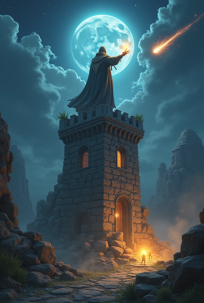 「Under the stars、Ancient stone tower illuminated by moonlight。At the top of the tower stands the wizard、He holds a glowing magic wand in his hand。There are floating magical books around.、A glowing magic circle is drawn。A meteor streaks through the night sky、Creating a fantasy world